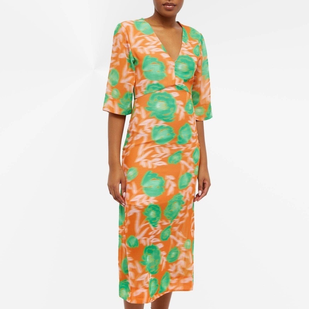 NWT GANNI Women's Printed Light Crepe V-Neck Dress in Vibrant Orange Size 34